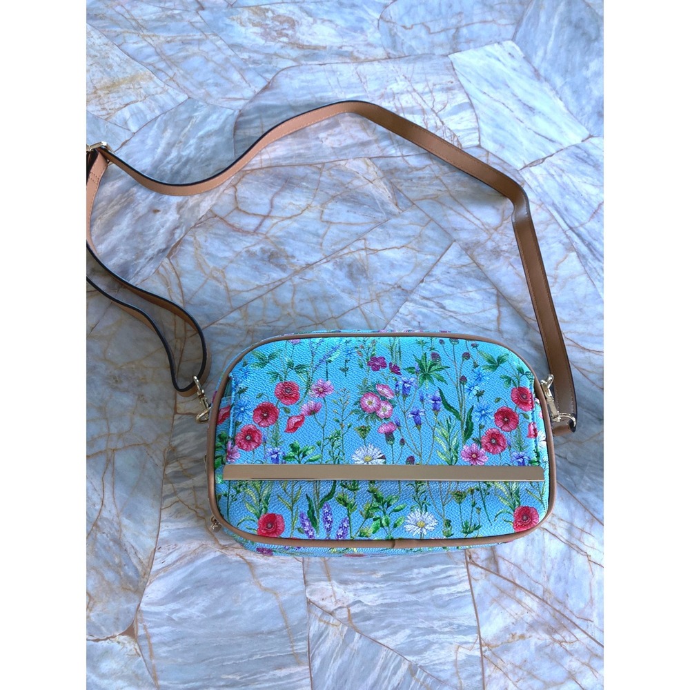 IMAN Blue Floral Wildflower Crossbody Bag Gold Tone Hardware Camera Bag